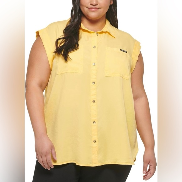 Calvin Klein Jeans Tops - Calvin Klein Jeans Womens Yellow Tencel Blouse Button-Down Top Shirt Plus NWT